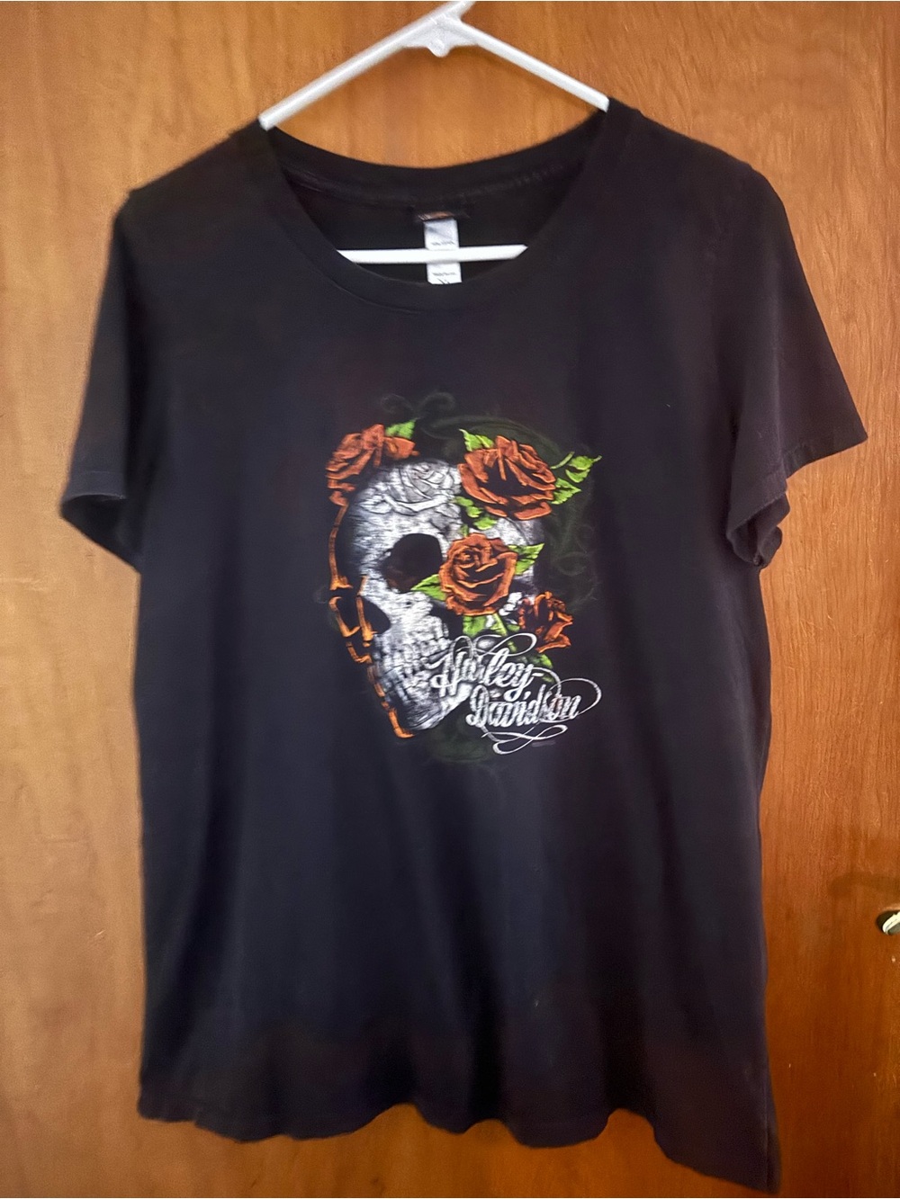 Harley-Davidson Black Tee with Orange Rose & Green Leaf Graphic